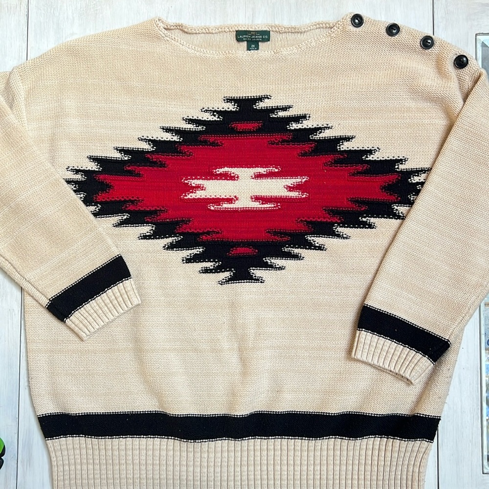 Lauren Ralph Lauren Southwest Aztec Knit Sweater Size 2x Cotton Blend